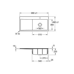 Villeroy & Boch Einbauspüle Subway Style 60 Flat (flächenbündig einbaubar) Becken rechts Excenterbedienung Classicline R1 Weiß alpin (glänzend)