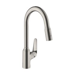 hansgrohe Küchenarmatur 220 Focus M42 | ausziehbarer Schlauch mit Brausefunktion | mit Schlauchbox (sBox) | Edelstahl Finish