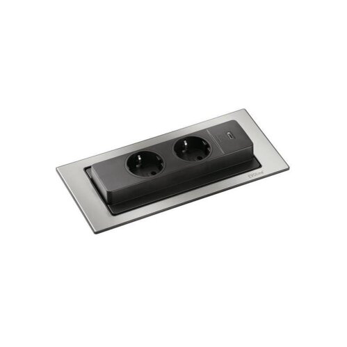 EVOline BackFlip Einbausteckdosenelement, mit 2 Schukosteckdosen + USB-Typ-C Charger, Edelstahl