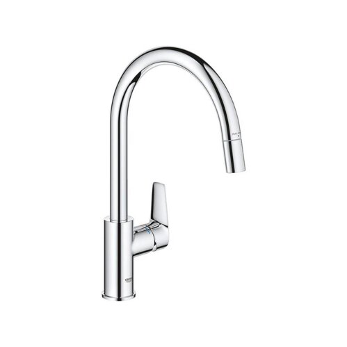 Grohe Küchenarmatur BauEdge, C-Auslauf, herausziehbarer Auslauf, Mousseur