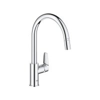 Grohe Küchenarmatur BauEdge, C-Auslauf, herausziehbarer Auslauf, Mousseur