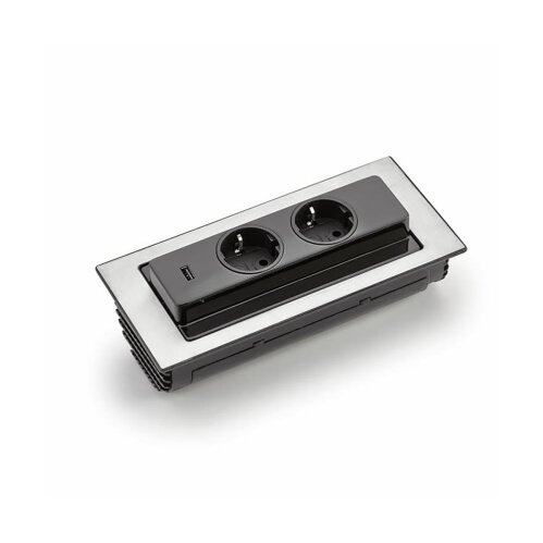 Evoline® BackFlip USB A, Einbausteckdosenelemente, mit belgischen/französischen Steckdosen, flächenbündig H 5 mm, Glas schwarz